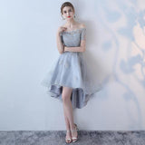 Off the Shoulder Organza A Line High Low Short Sleeves Lace Top Homecoming Dresses PFH0146