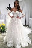 Long Sleeves Ivory Lace Appliques Backless Long Wedding Dress with Train PFW0029