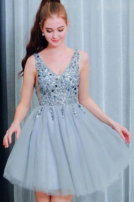 Bling A Line V Neck Light Blue Short Homecoming Dresses With Beading P –  Promfast
