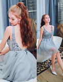 Bling A Line V Neck Light Blue Short Homecoming Dresses With Beading PFH0239