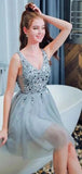 Bling A Line V Neck Light Blue Short Homecoming Dresses With Beading PFH0239