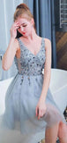 Bling A Line V Neck Light Blue Short Homecoming Dresses With Beading PFH0239
