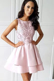 Pretty Bateau Short Pink Satin Homecoming Party Dresses with Appliques PFH0243