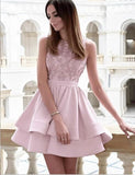 Pretty Bateau Short Pink Satin Homecoming Party Dresses with Appliques PFH0243