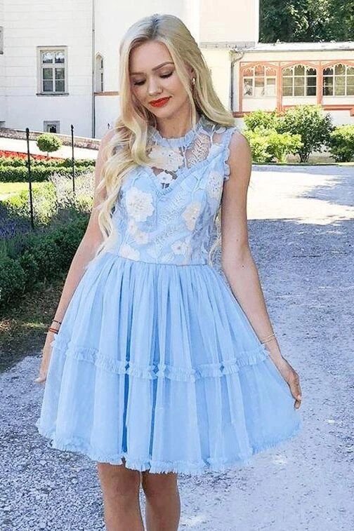 Elegant Jewel Short Cheap Light Blue Tulle Homecoming Party Dresses with Lace PFH0244