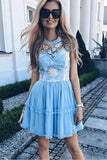 Elegant Jewel Short Cheap Light Blue Tulle Homecoming Party Dresses with Lace PFH0244