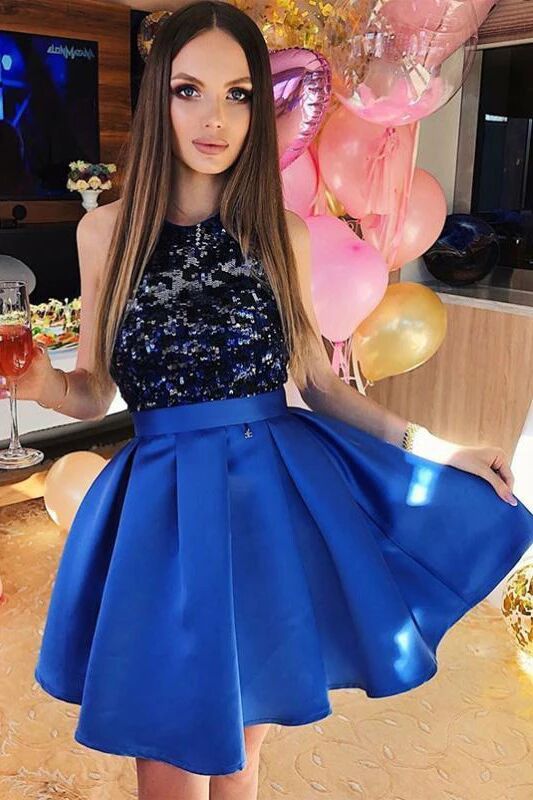 A-Line Royal Blue Satin Homecoming Dresses With Lace Top PFH0246 – Promfast