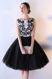 Black Tulle A Line Beading Short Bateau Homecoming Dresses With Lace Top