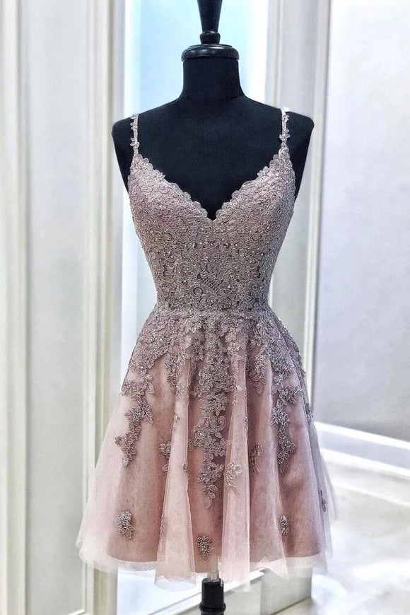Pink Tulle Lace Appliques Spaghetti Straps Short Prom Dress, Mini Party Dress PFH0249