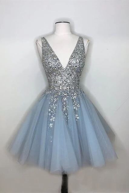 Sparkly A-line Deep V-neck Light Blue Short Homecoming Dresses PFH0250