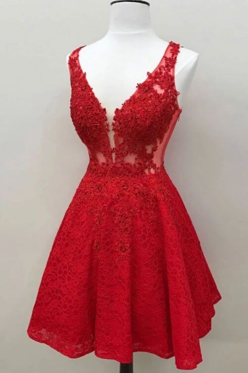 Custom Red Lace V Neck A Line Short Homecoming Dresses PFH0253