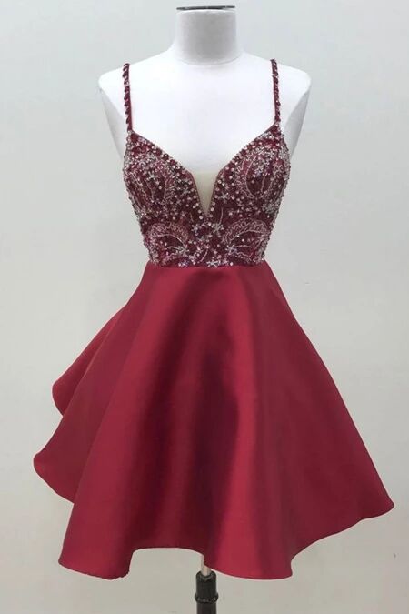 Spaghetti Straps Dark Red Short Prom Dress Homecoming Dress PFH0255