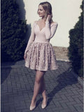 A-line Nude Long Sleeve Short Homecoming Party Dress with Flowers PFH0257