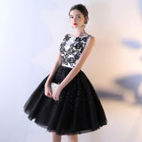 Black Tulle A Line Beading Short Bateau Homecoming Dresses With Lace Top PFH0147