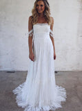 A-Line Off-the-Shoulder Lace White Beach Wedding Dress with Appliques PFW0030