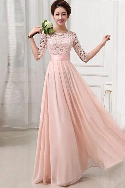 Half Sleeves Pink Lace Chiffon Bridesmaid Dresses,Simple Prom Dresses PFB0116