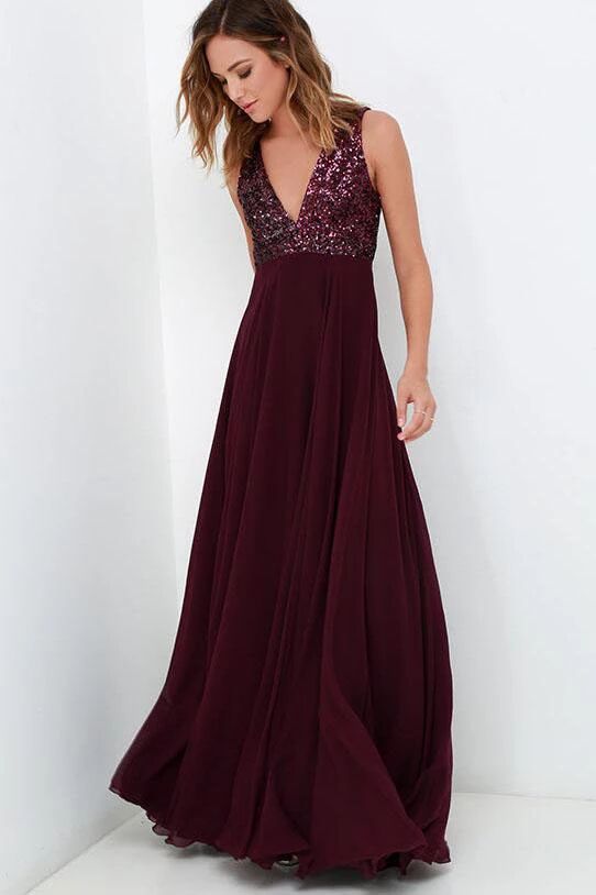 Burgundy Bridesmaid Dresses WIth Sequin Top, A-line Long Chiffon Wedding Party Dress PFB0118