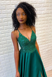 Promfast Emerald Spaghetti Straps Lace Appliques A Line Prom Dress PFP1930