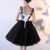 Black Tulle A Line Beading Short Bateau Homecoming Dresses With Lace Top PFH0147