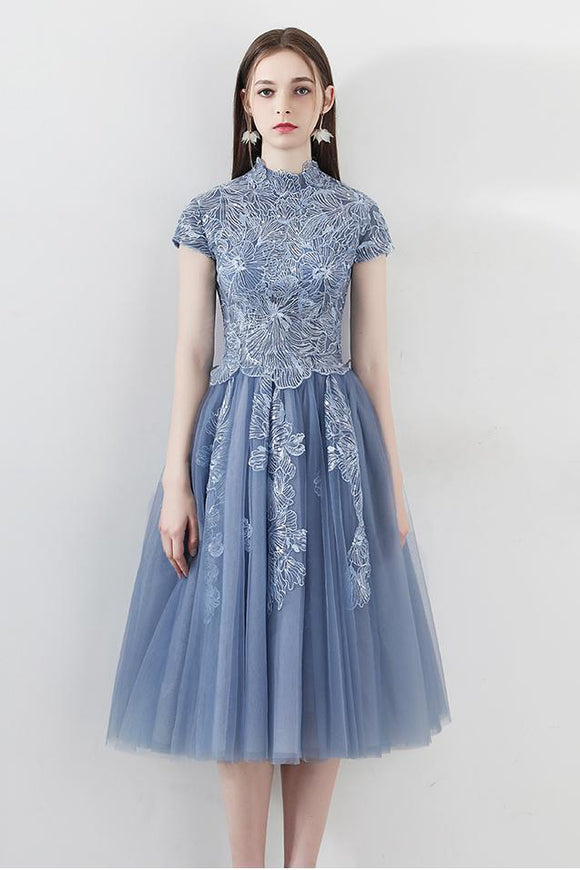 Blue A Line Tulle Cap Sleeves High Neck Homecoming Dresses With Lace Appliques
