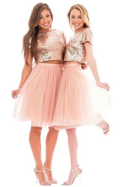 Two Piece Pink Bridesmaid Dresses Short Sleeve Knee Length Wedding Guest Dresses PFB0121