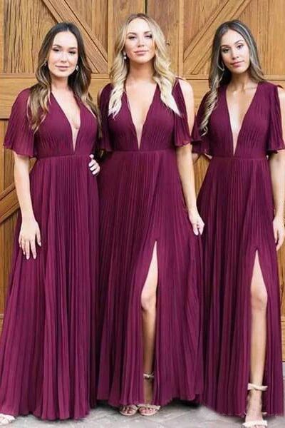 V Neck Short Sleeve Burgundy Long Bridesmaid Dresses Side Slit PFB0122