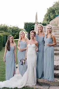 Long One Shoulder Cheap Dusty Blue Bridesmaid Dresses with Slit PFB0124