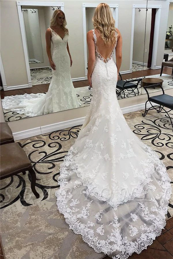 backless lace mermaid wedding dress Bobo Mermaid Floral Lace Backless Chapel Train Wedding Dress with Spaghetti Straps S3051W - Wedding Dresses