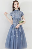 Blue A Line Tulle Cap Sleeves High Neck Homecoming Dresses With Lace Appliques PFH0148