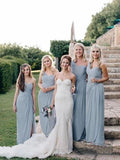 Long One Shoulder Cheap Dusty Blue Bridesmaid Dresses with Slit PFB0124