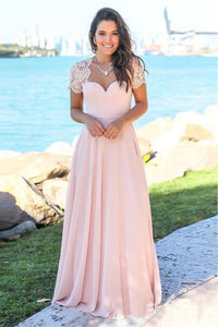 Pink Maxi Bridesmaid Dresses Short Sleeve Beach Wedding Guest Dresses PFB0128