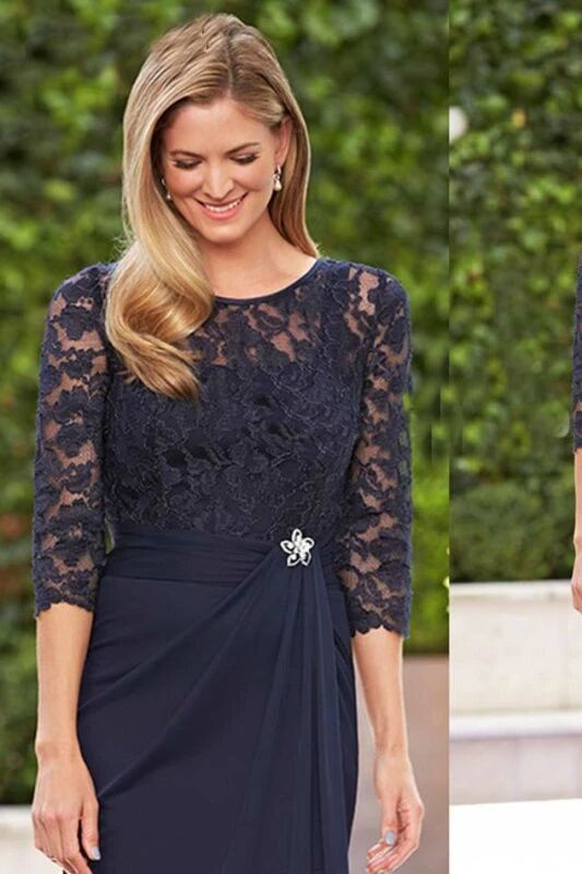 navy blue short mother of the bride dress Dark Navy Mother Of The Bride Dress A-Line Lace Top 3/4 Length Sleeves Chiffon Mother Of The Bride Dress