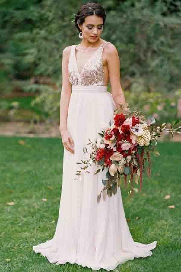 Gold Sequin Chiffon Backless Simple Beach Wedding Dresses with Sash PF Promfast Gold Sequin Chiffon Backless Simple Beach Wedding Dresses with Sash PF Promfast