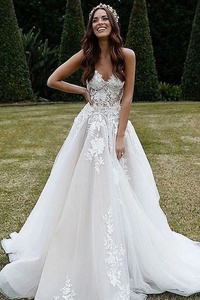 Promfast Sweetheart Tulle A Line Appliques Wedding Dresses with Lace,Beach Wedding Gown PFW0463