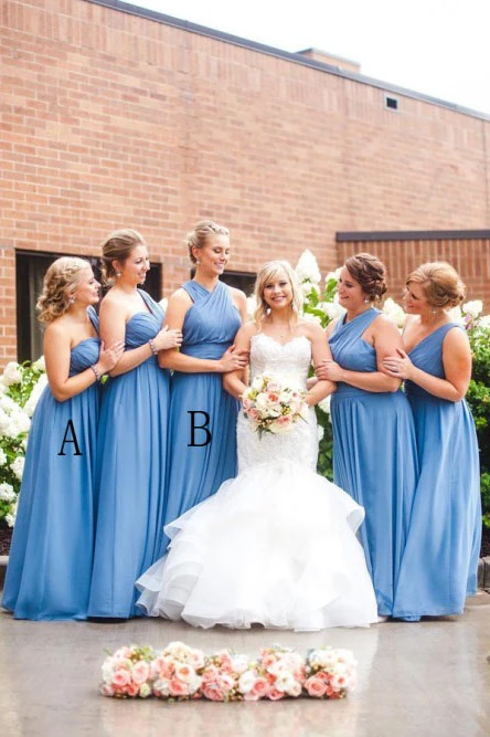 A-Line One-Shoulder Floor-Length Blue Ruched Chiffon Bridesmaid Dress PFB0157