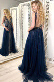 Navy Blue Tulle Sequins Prom Dresses, Long Formal Prom Dress PFP0465