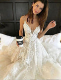 Sexy Deep V neck Lace Backless Bridal Dresses,Spaghetti Straps Beach Long Wedding Dress PFW0243