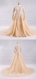 Pretty A-Line V-Neck Long Sleeves Tulle Appliques Floor Length Prom Dresses PFP0015