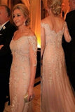 Elegant Lace Tulle Off-the-Shoulder 3/4 Length Sleeves Long Mother of The Bride Dresses PFM0004