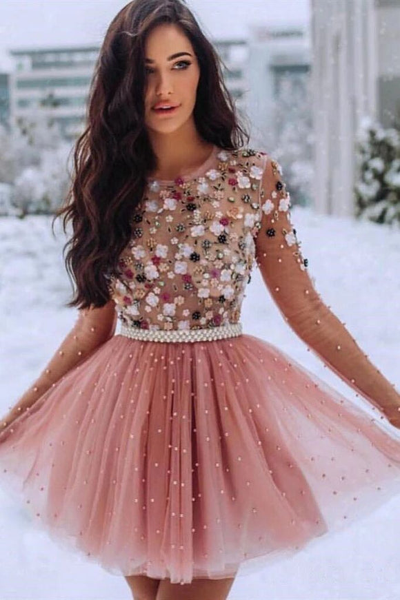 Blush Pink Short Prom Dresses 3D Flowers Beaded Homecomingl Dresses PFH0260