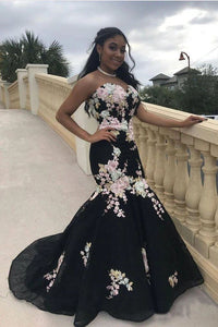Black Mermaid Prom Dresses Strapless Embroidery Applique Sexy Prom Dresses PFP1517