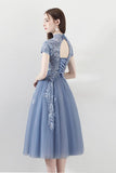 Blue A Line Tulle Cap Sleeves High Neck Homecoming Dresses With Lace Appliques PFH0148