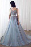 Sky Blue Formal Long Lace Appliqued Gray Tulle Prom Dresses Cheap Quinceanera Dresses PFP1519