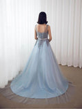 Sky Blue Formal Long Lace Appliqued Gray Tulle Prom Dresses Cheap Quinceanera Dresses PFP1519