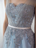 Sky Blue Formal Long Lace Appliqued Gray Tulle Prom Dresses Cheap Quinceanera Dresses PFP1519