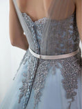 Sky Blue Formal Long Lace Appliqued Gray Tulle Prom Dresses Cheap Quinceanera Dresses PFP1519
