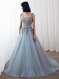 Sky Blue Formal Long Lace Appliqued Gray Tulle Prom Dresses Cheap Quinceanera Dresses PFP1519