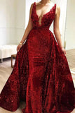 Burgundy Sequins Long V Neck Prom Dresses Lace Evening Dresses PFP1520