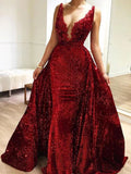 Burgundy Sequins Long V Neck Prom Dresses Lace Evening Dresses PFP1520