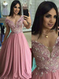 Off the Shoulder Dusty Rose Long Prom Dresses Pearl Lace Formal Dress PFP1522